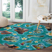 Hawaii Map with Plumeria Flower and Palaka Pattern Round Carpet Tropical Island Teal Design LT03 - Polynesian Pride