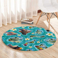 Hawaii Map with Plumeria Flower and Palaka Pattern Round Carpet Tropical Island Teal Design LT03 - Polynesian Pride