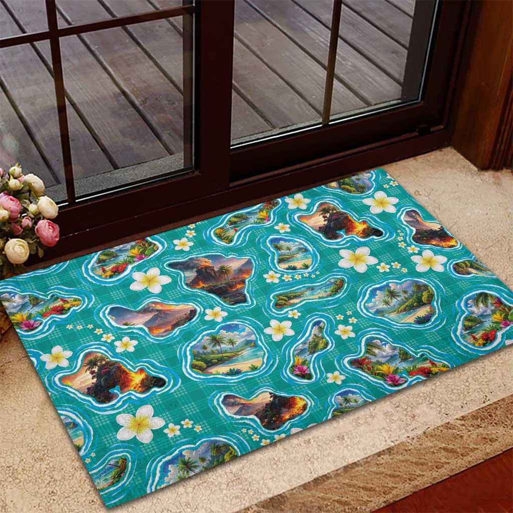 Hawaii Map with Plumeria Flower and Palaka Pattern Rubber Doormat Tropical Island Teal Design LT03 - Polynesian Pride