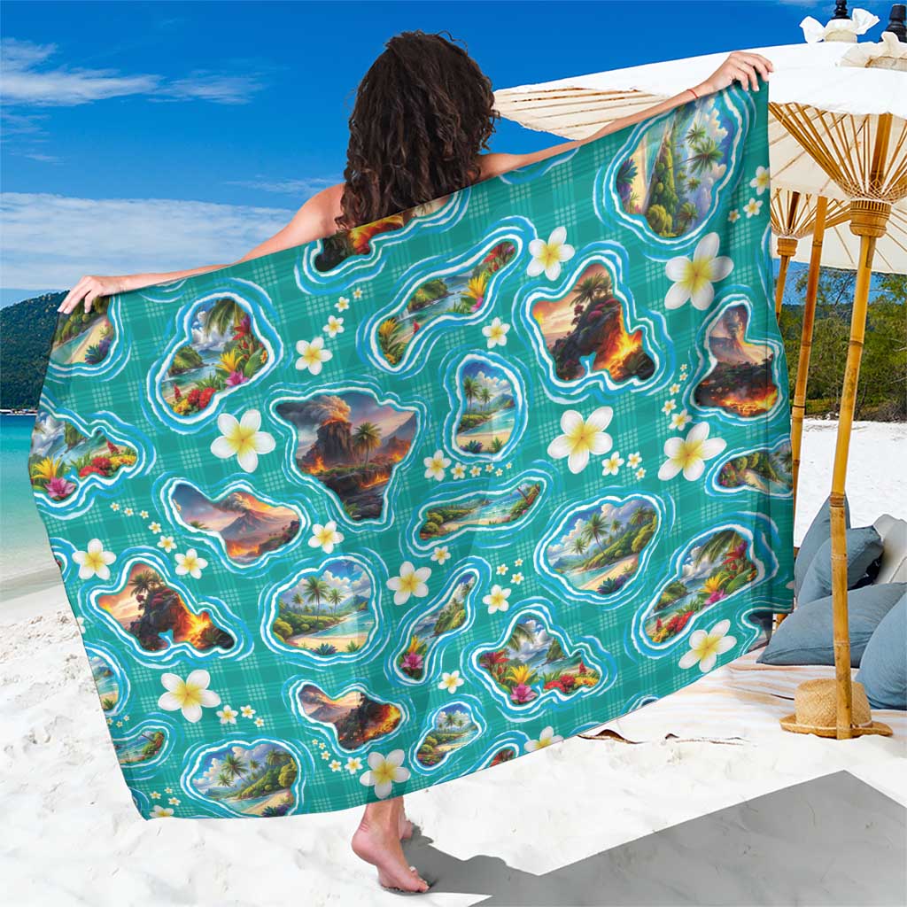 Hawaii Map with Plumeria Flower and Palaka Pattern Sarong Tropical Island Teal Design LT03 One Size 44 x 66 inches Teal - Polynesian Pride