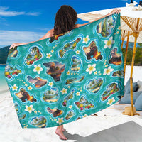 Hawaii Map with Plumeria Flower and Palaka Pattern Sarong Tropical Island Teal Design LT03 One Size 44 x 66 inches Teal - Polynesian Pride