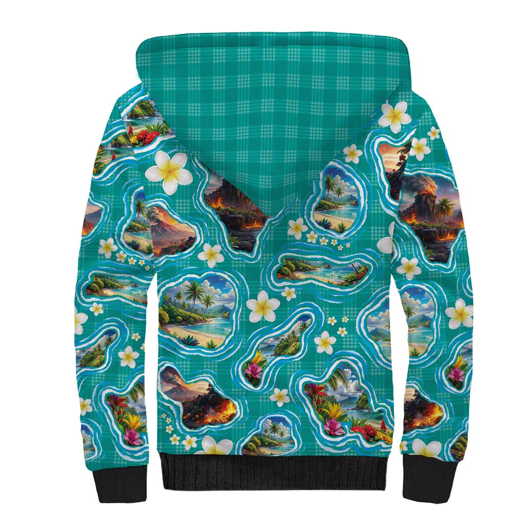 Hawaii Map with Plumeria Flower and Palaka Pattern Sherpa Hoodie Tropical Island Teal Design LT03 - Polynesian Pride