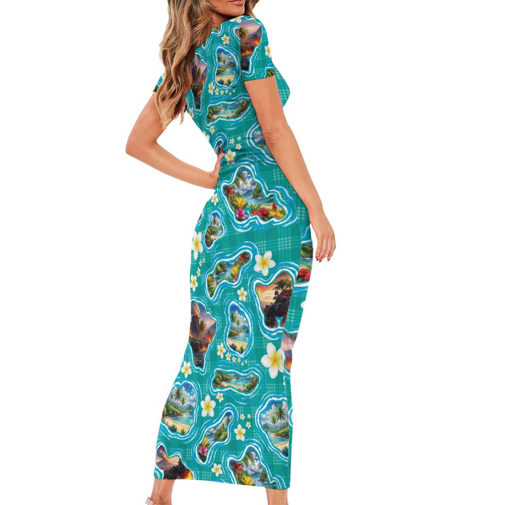 Hawaii Map with Plumeria Flower and Palaka Pattern Short Sleeve Bodycon Dress Tropical Island Teal Design LT03 - Polynesian Pride