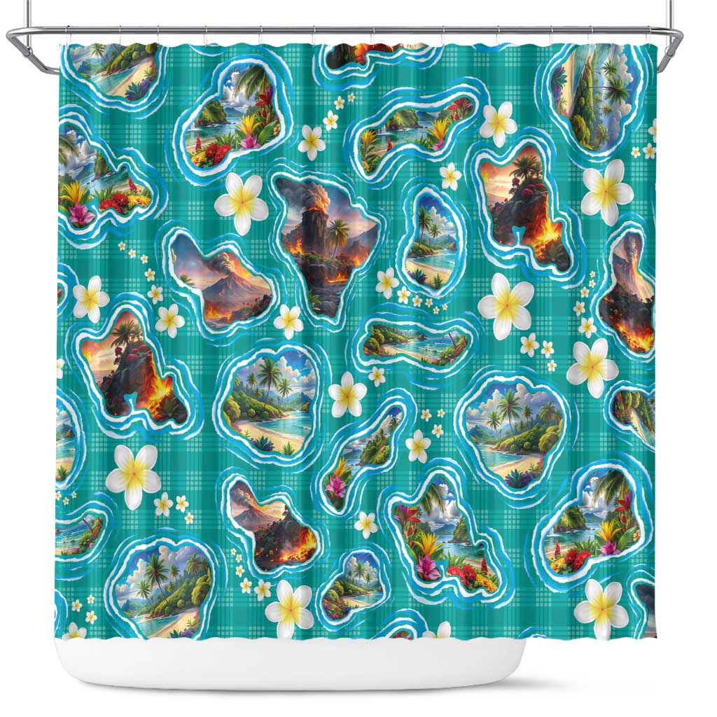 Hawaii Map with Plumeria Flower and Palaka Pattern Shower Curtain Tropical Island Teal Design LT03 Teal - Polynesian Pride