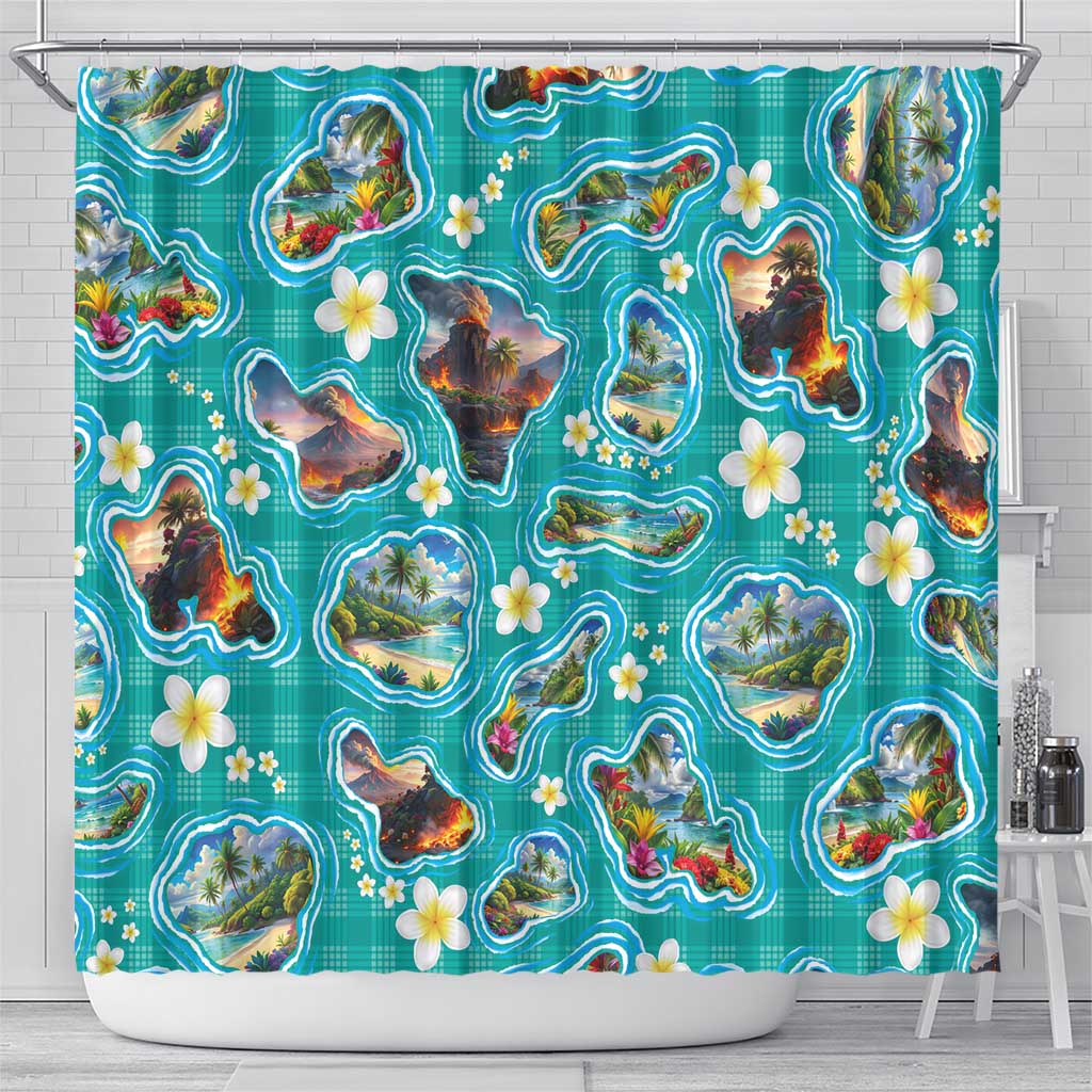 Hawaii Map with Plumeria Flower and Palaka Pattern Shower Curtain Tropical Island Teal Design LT03 - Polynesian Pride