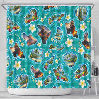 Hawaii Map with Plumeria Flower and Palaka Pattern Shower Curtain Tropical Island Teal Design LT03 - Polynesian Pride