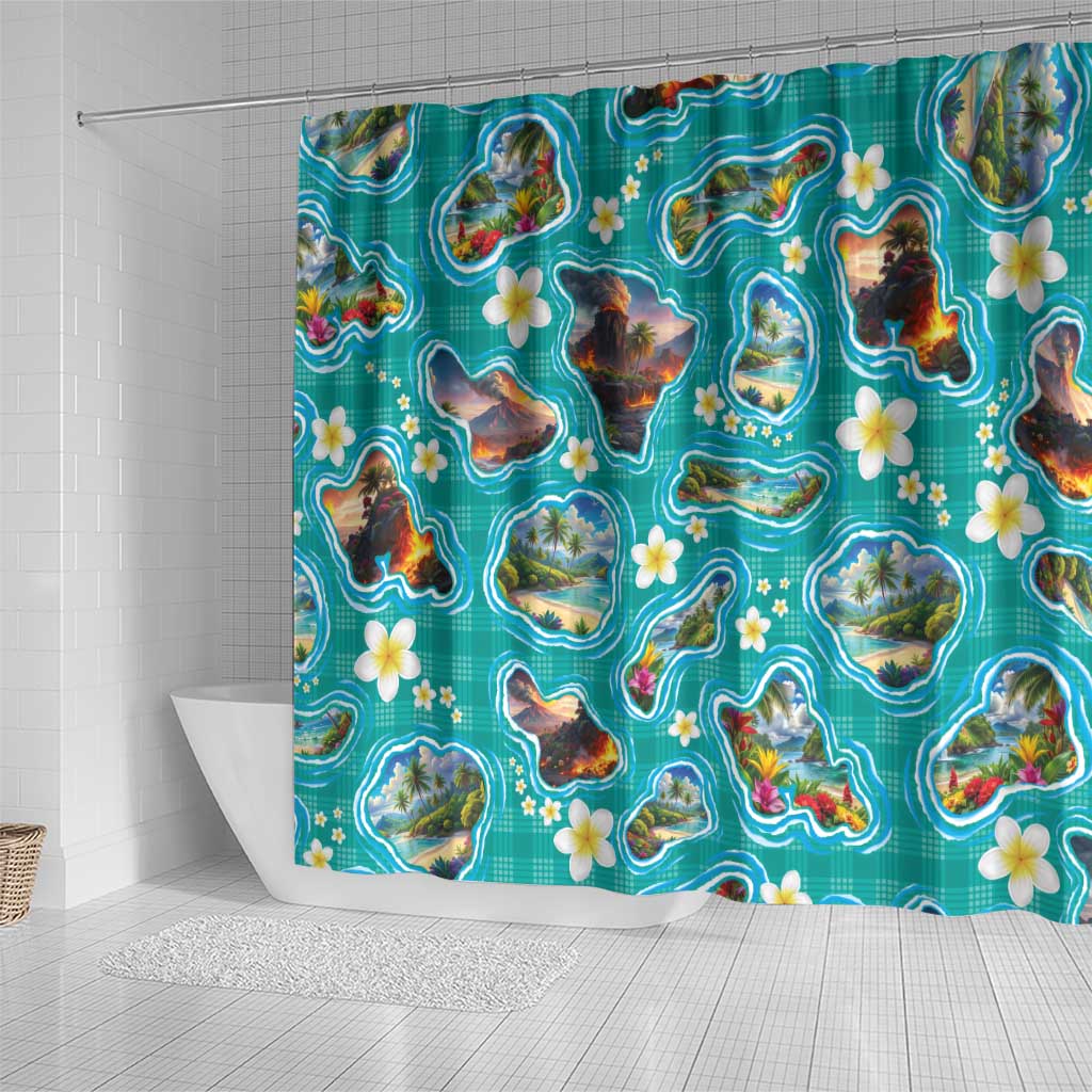 Hawaii Map with Plumeria Flower and Palaka Pattern Shower Curtain Tropical Island Teal Design LT03 - Polynesian Pride