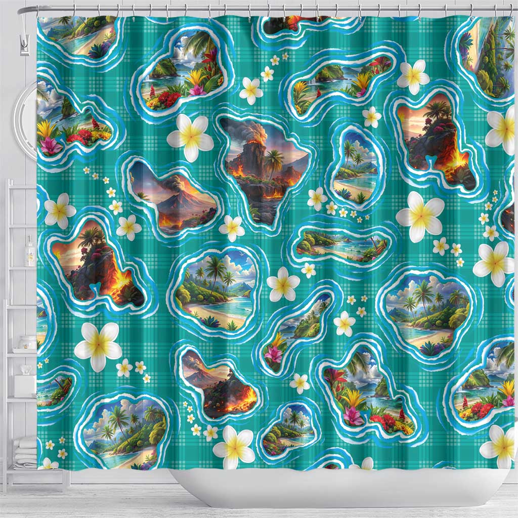 Hawaii Map with Plumeria Flower and Palaka Pattern Shower Curtain Tropical Island Teal Design LT03 - Polynesian Pride