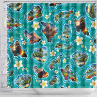 Hawaii Map with Plumeria Flower and Palaka Pattern Shower Curtain Tropical Island Teal Design LT03 - Polynesian Pride