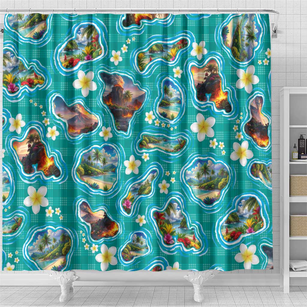 Hawaii Map with Plumeria Flower and Palaka Pattern Shower Curtain Tropical Island Teal Design LT03 - Polynesian Pride