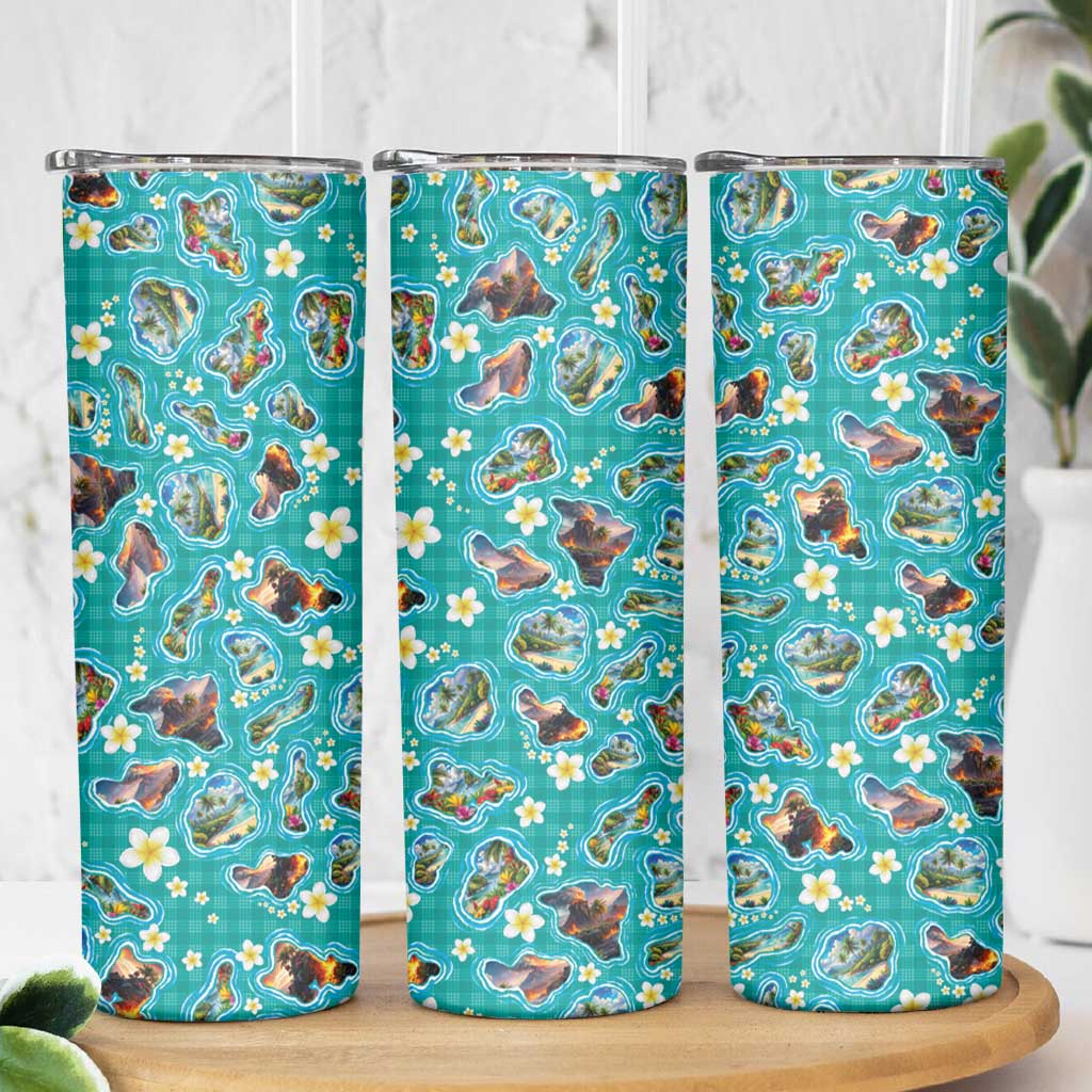 Hawaii Map with Plumeria Flower and Palaka Pattern Skinny Tumbler Tropical Island Teal Design LT03 - Polynesian Pride
