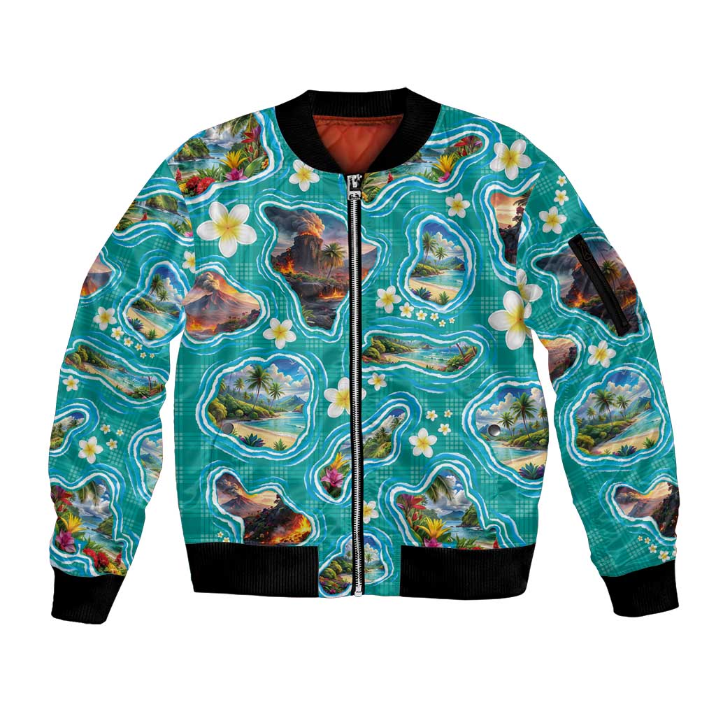 Hawaii Map with Plumeria Flower and Palaka Pattern Sleeve Zip Bomber Jacket Tropical Island Teal Design LT03 Unisex Teal - Polynesian Pride