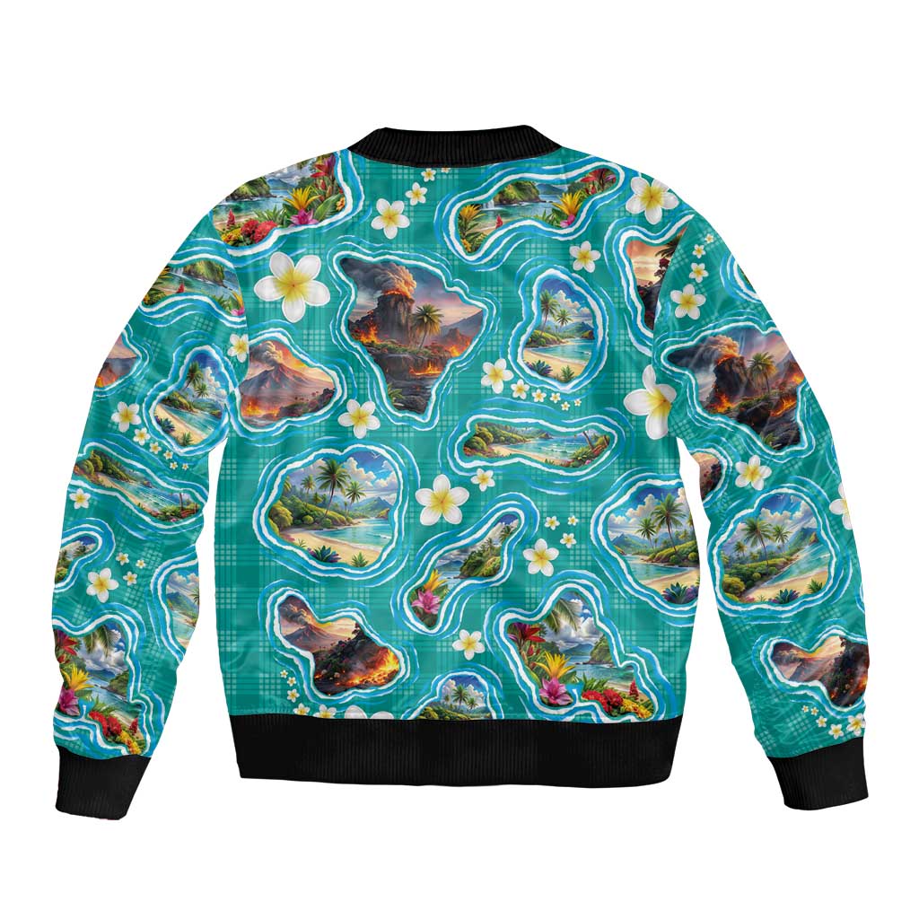 Hawaii Map with Plumeria Flower and Palaka Pattern Sleeve Zip Bomber Jacket Tropical Island Teal Design LT03 - Polynesian Pride