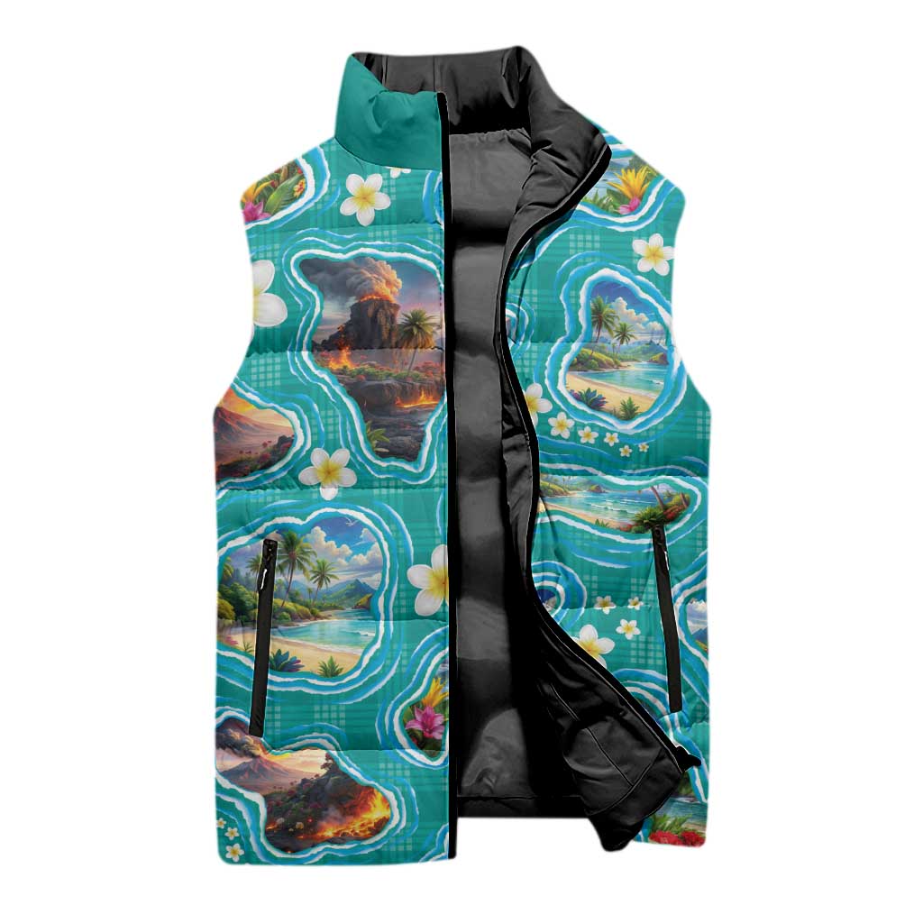 Hawaii Map with Plumeria Flower and Palaka Pattern Sleeveless Puffer Jacket Tropical Island Teal Design LT03 - Polynesian Pride