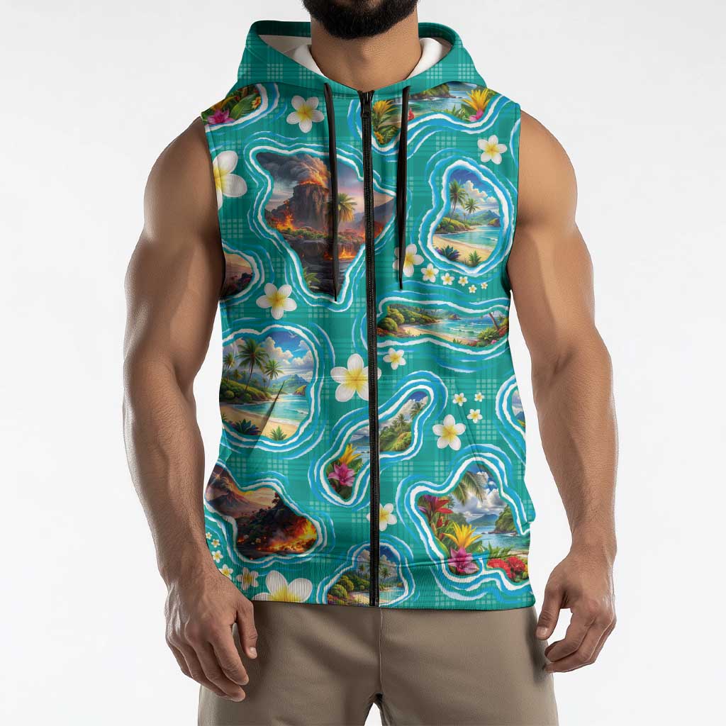 Hawaii Map with Plumeria Flower and Palaka Pattern Sleeveless Zip Hoodie Tropical Island Teal Design LT03 - Polynesian Pride