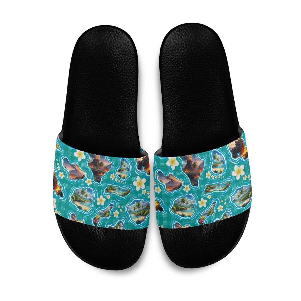 Hawaii Map with Plumeria Flower and Palaka Pattern Slide Sandals Tropical Island Teal Design LT03 Teal - Polynesian Pride
