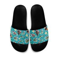 Hawaii Map with Plumeria Flower and Palaka Pattern Slide Sandals Tropical Island Teal Design LT03 Teal - Polynesian Pride