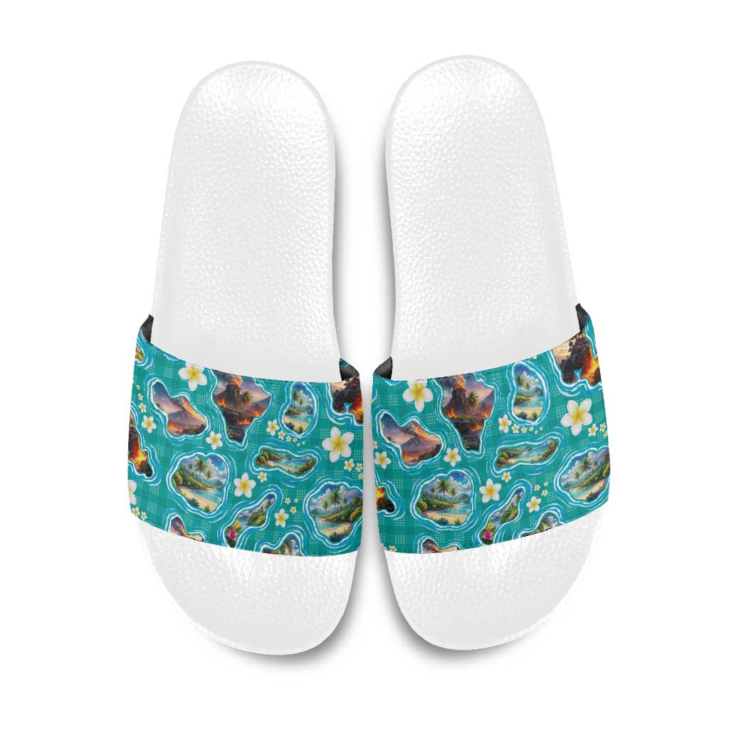 Hawaii Map with Plumeria Flower and Palaka Pattern Slide Sandals Tropical Island Teal Design LT03 Teal - Polynesian Pride