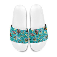 Hawaii Map with Plumeria Flower and Palaka Pattern Slide Sandals Tropical Island Teal Design LT03 Teal - Polynesian Pride