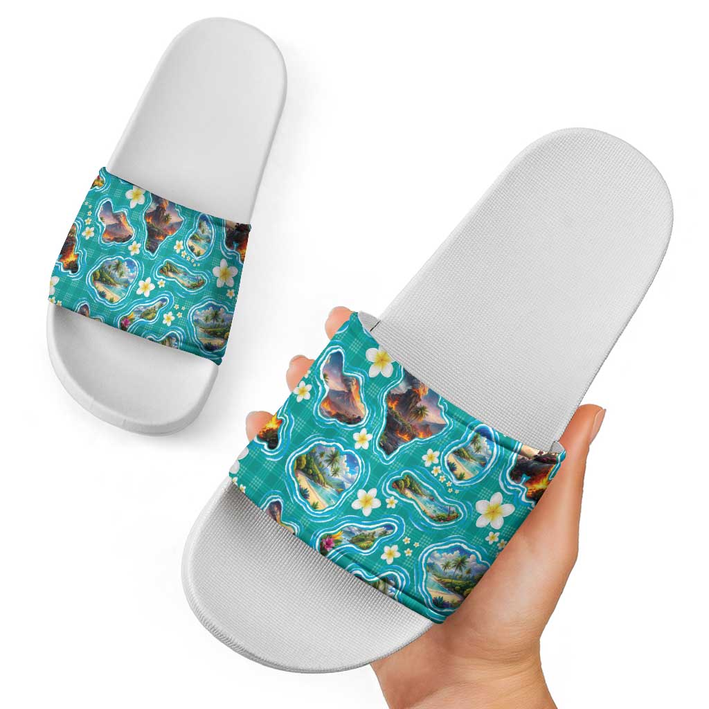 Hawaii Map with Plumeria Flower and Palaka Pattern Slide Sandals Tropical Island Teal Design LT03 - Polynesian Pride
