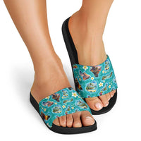 Hawaii Map with Plumeria Flower and Palaka Pattern Slide Sandals Tropical Island Teal Design LT03 - Polynesian Pride