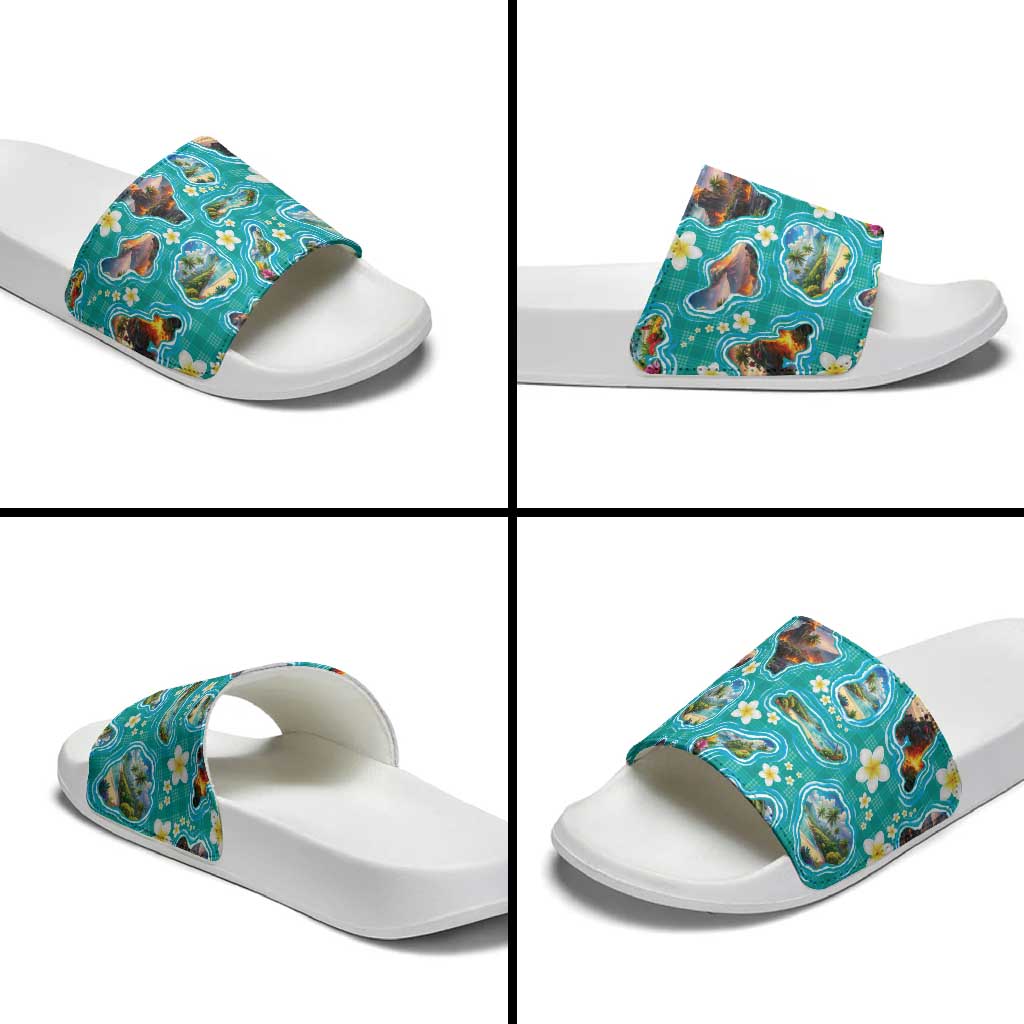 Hawaii Map with Plumeria Flower and Palaka Pattern Slide Sandals Tropical Island Teal Design LT03 - Polynesian Pride