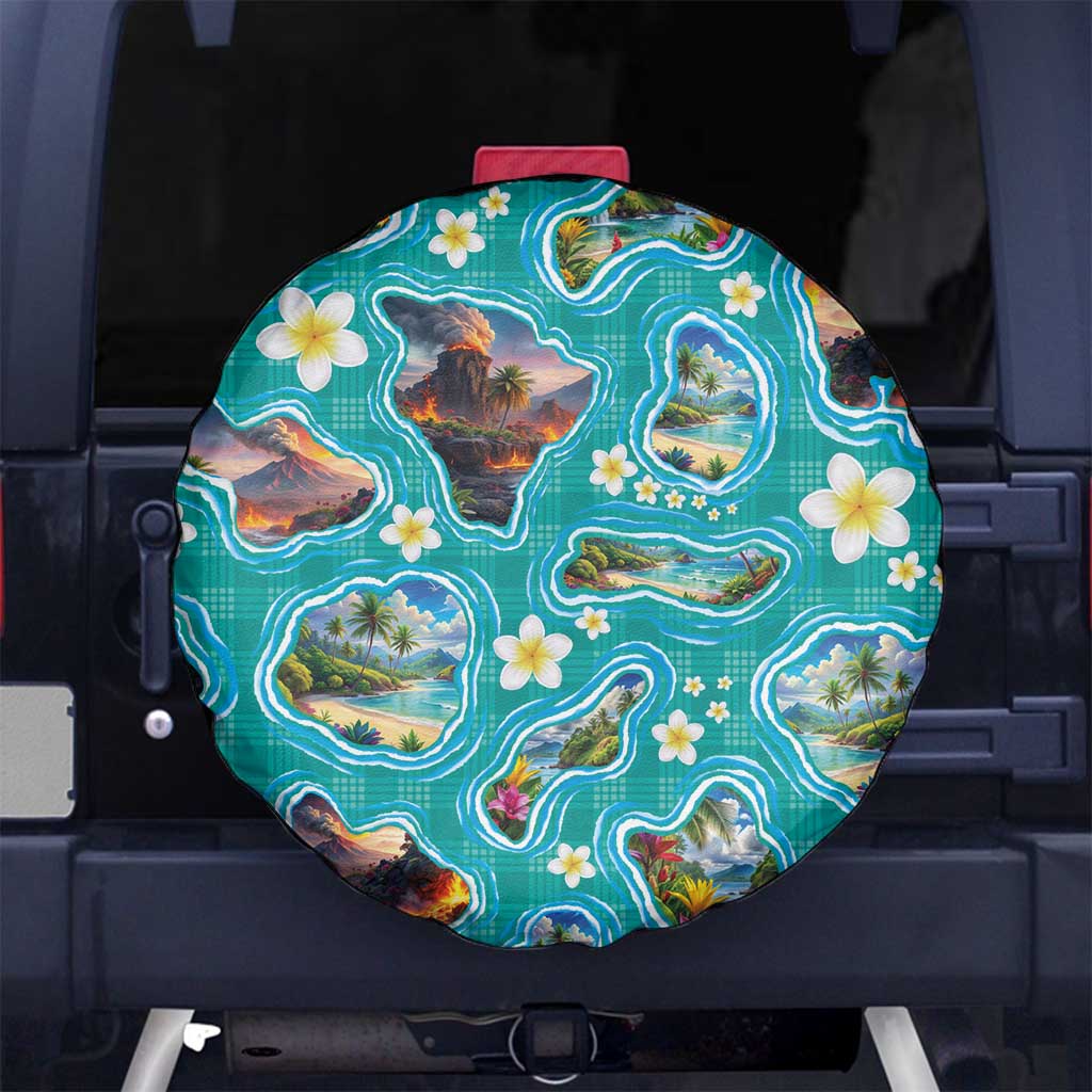Hawaii Map with Plumeria Flower and Palaka Pattern Spare Tire Cover Tropical Island Teal Design LT03 No hole Teal - Polynesian Pride