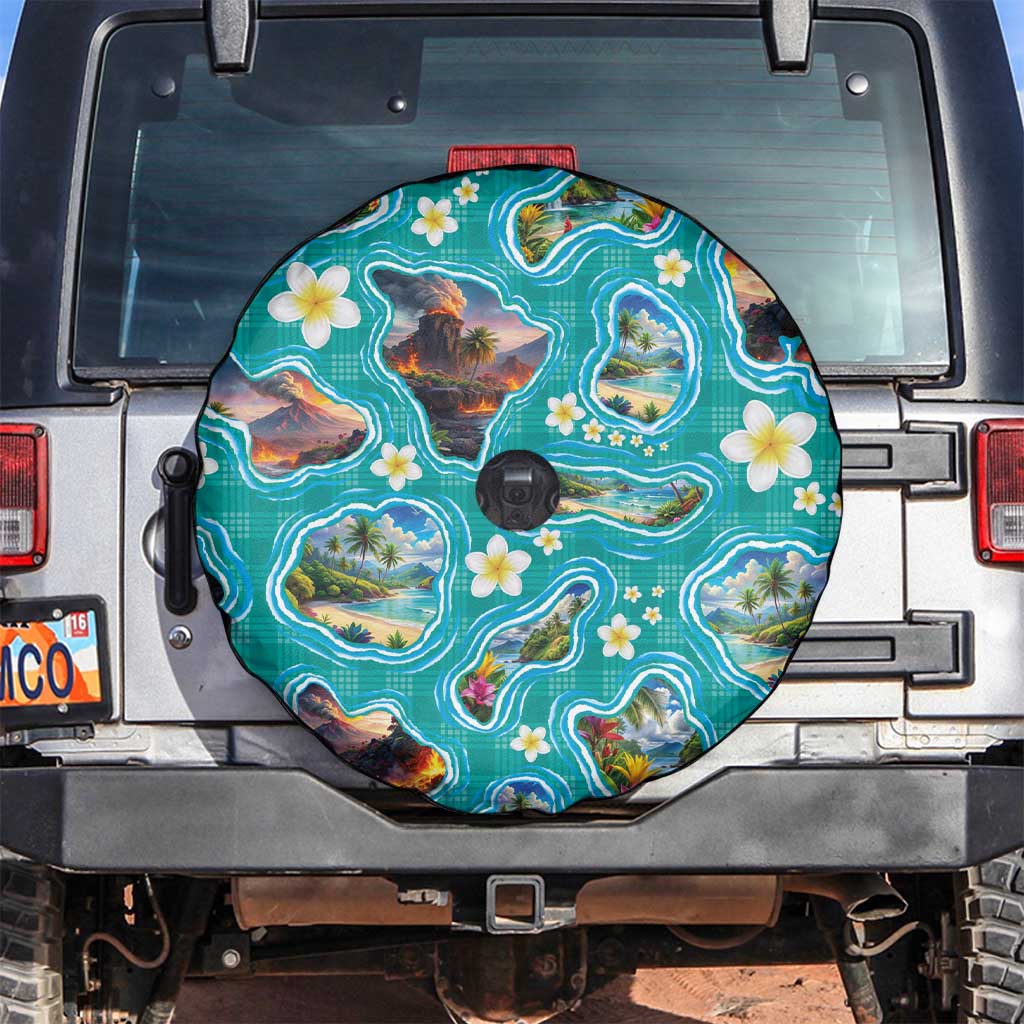 Hawaii Map with Plumeria Flower and Palaka Pattern Spare Tire Cover Tropical Island Teal Design LT03 Teal - Polynesian Pride