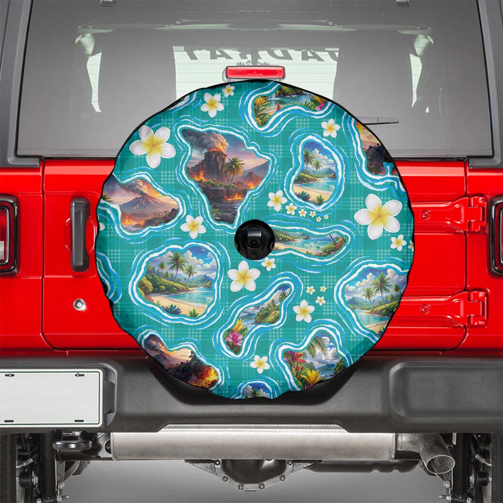 Hawaii Map with Plumeria Flower and Palaka Pattern Spare Tire Cover Tropical Island Teal Design LT03 - Polynesian Pride
