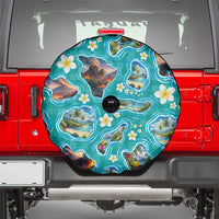 Hawaii Map with Plumeria Flower and Palaka Pattern Spare Tire Cover Tropical Island Teal Design LT03 - Polynesian Pride