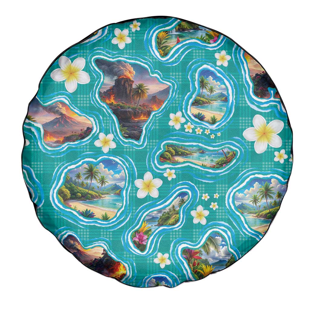 Hawaii Map with Plumeria Flower and Palaka Pattern Spare Tire Cover Tropical Island Teal Design LT03 - Polynesian Pride