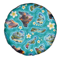 Hawaii Map with Plumeria Flower and Palaka Pattern Spare Tire Cover Tropical Island Teal Design LT03 - Polynesian Pride