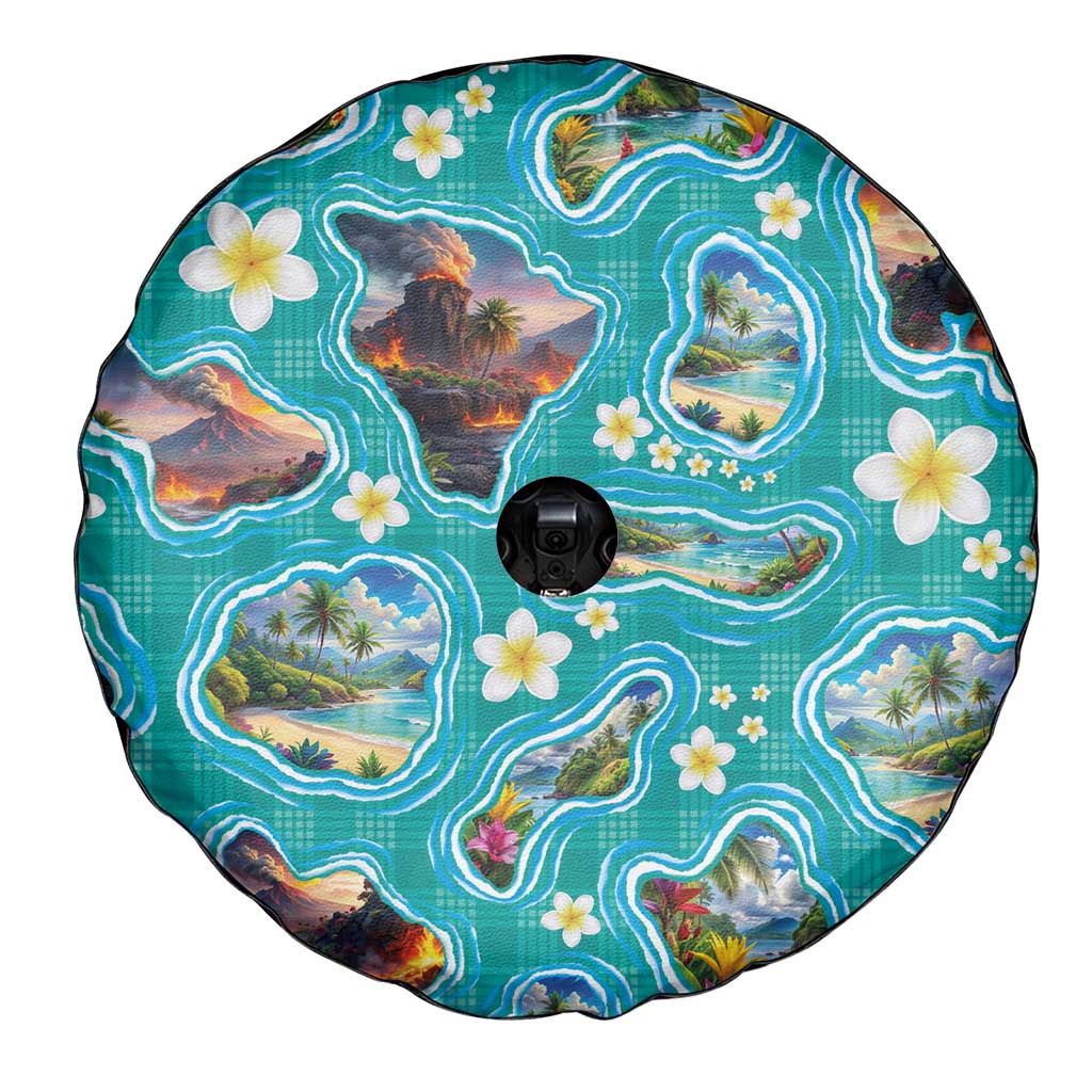 Hawaii Map with Plumeria Flower and Palaka Pattern Spare Tire Cover Tropical Island Teal Design LT03 - Polynesian Pride