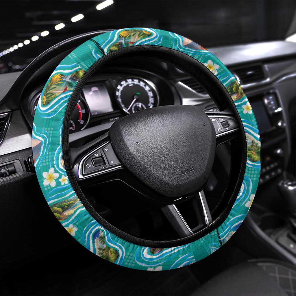 Hawaii Map with Plumeria Flower and Palaka Pattern Steering Wheel Cover Tropical Island Teal Design