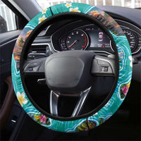 Hawaii Map with Plumeria Flower and Palaka Pattern Steering Wheel Cover Tropical Island Teal Design