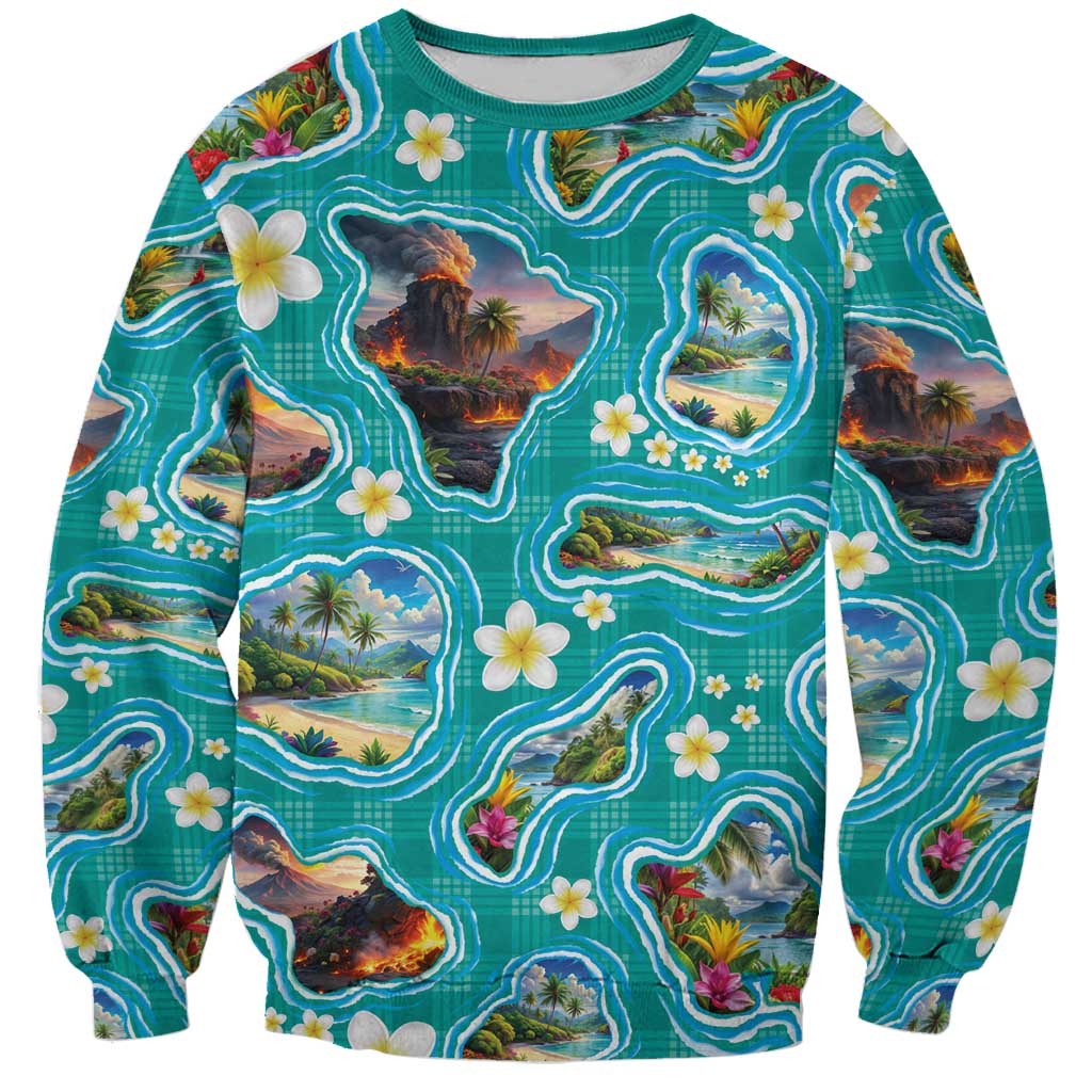 Hawaii Map with Plumeria Flower and Palaka Pattern Sweatshirt Tropical Island Teal Design LT03 Unisex Teal - Polynesian Pride