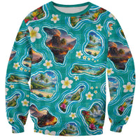 Hawaii Map with Plumeria Flower and Palaka Pattern Sweatshirt Tropical Island Teal Design LT03 Unisex Teal - Polynesian Pride
