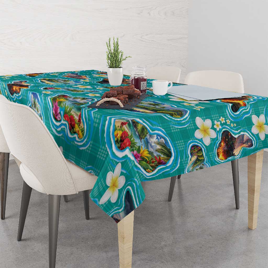 Hawaii Map with Plumeria Flower and Palaka Pattern Tablecloth Tropical Island Teal Design LT03 - Polynesian Pride