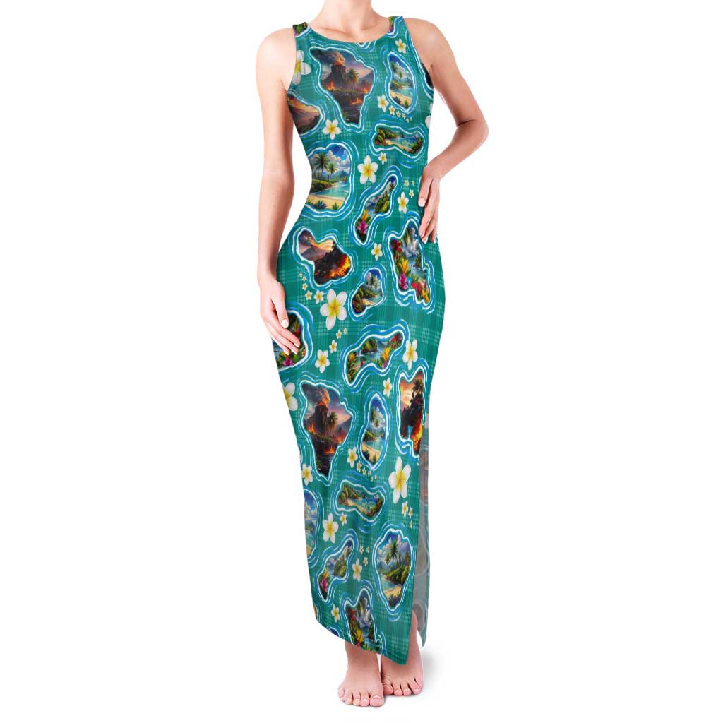 Hawaii Map with Plumeria Flower and Palaka Pattern Tank Maxi Dress Tropical Island Teal Design LT03 Women Teal - Polynesian Pride