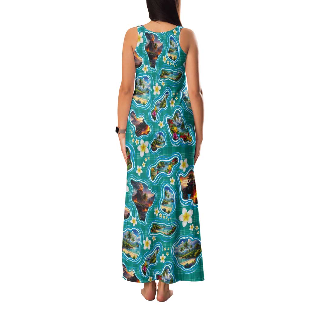 Hawaii Map with Plumeria Flower and Palaka Pattern Tank Maxi Dress Tropical Island Teal Design LT03 - Polynesian Pride