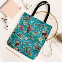 Hawaii Map with Plumeria Flower and Palaka Pattern Tote Bag Tropical Island Teal Design