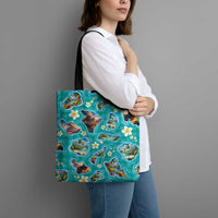 Hawaii Map with Plumeria Flower and Palaka Pattern Tote Bag Tropical Island Teal Design