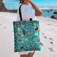 Hawaii Map with Plumeria Flower and Palaka Pattern Tote Bag Tropical Island Teal Design