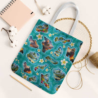 Hawaii Map with Plumeria Flower and Palaka Pattern Tote Bag Tropical Island Teal Design
