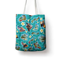 Hawaii Map with Plumeria Flower and Palaka Pattern Tote Bag Tropical Island Teal Design