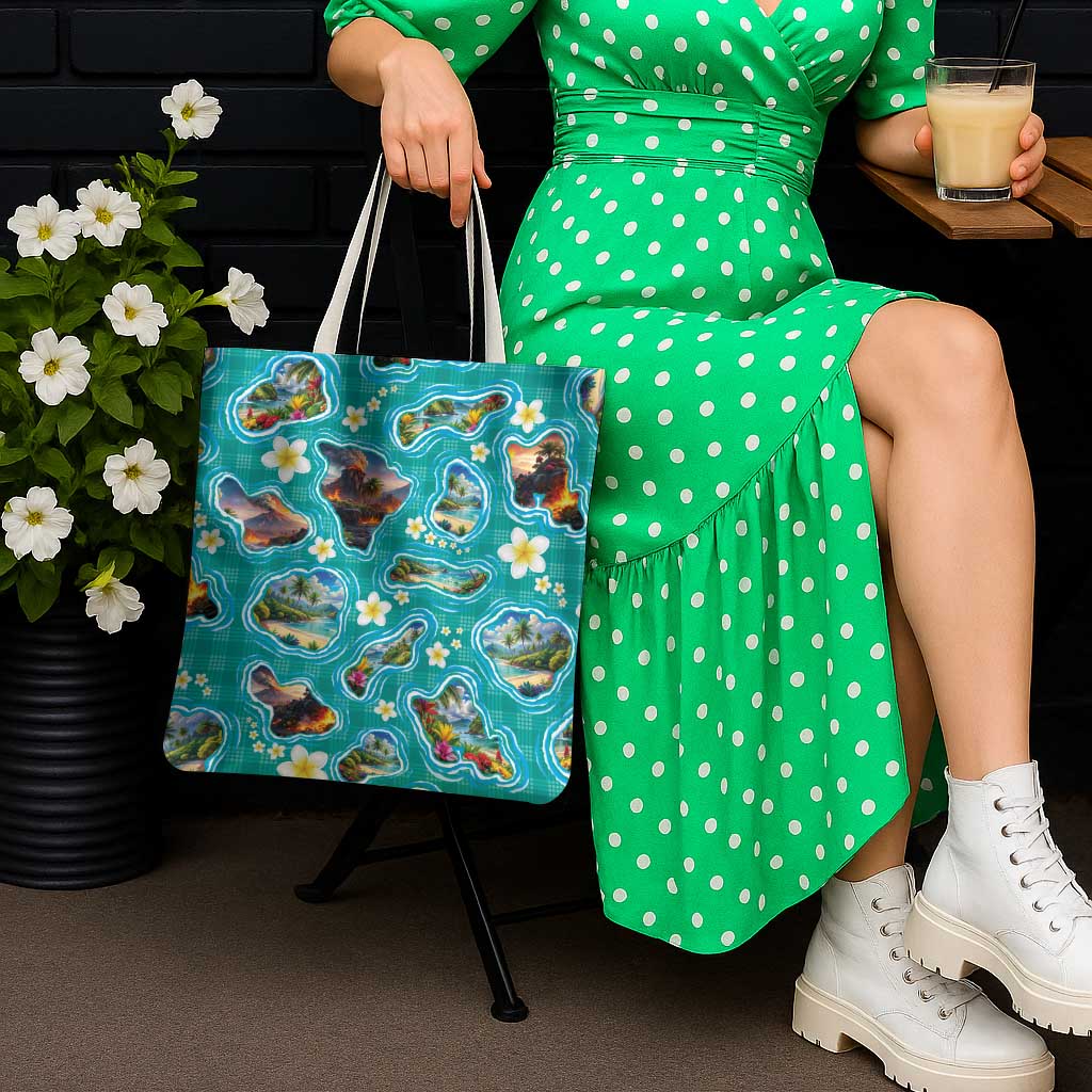 Hawaii Map with Plumeria Flower and Palaka Pattern Tote Bag Tropical Island Teal Design