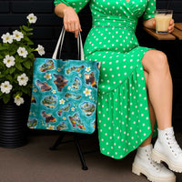 Hawaii Map with Plumeria Flower and Palaka Pattern Tote Bag Tropical Island Teal Design