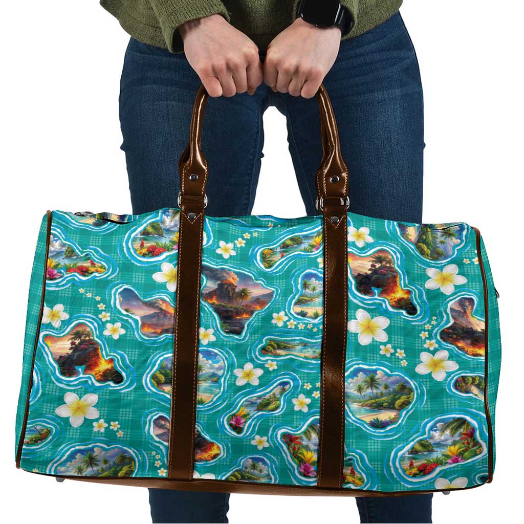 Hawaii Map with Plumeria Flower and Palaka Pattern Travel Bag Tropical Island Teal Design LT03 Teal - Polynesian Pride