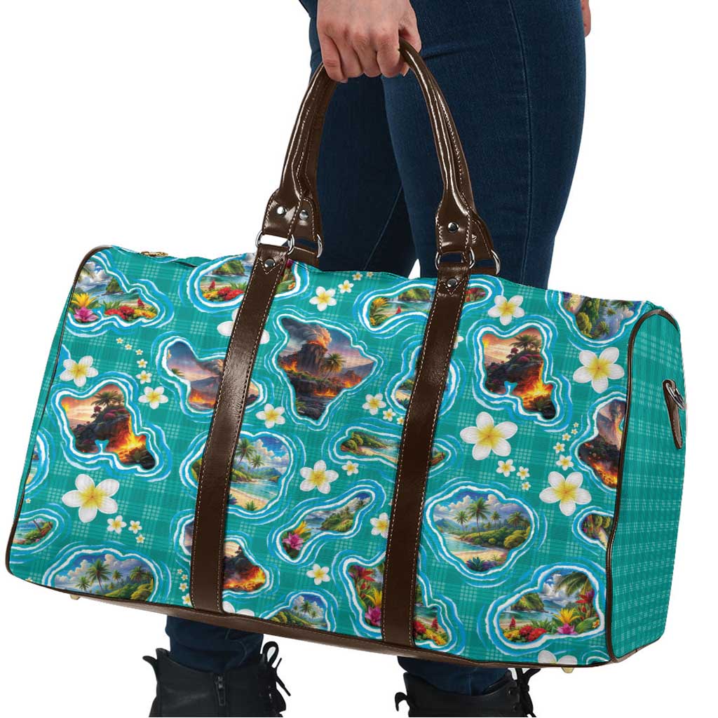 Hawaii Map with Plumeria Flower and Palaka Pattern Travel Bag Tropical Island Teal Design LT03 - Polynesian Pride