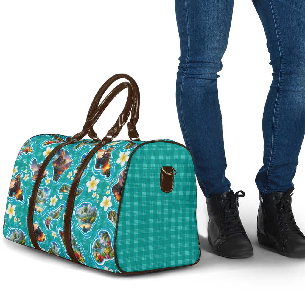 Hawaii Map with Plumeria Flower and Palaka Pattern Travel Bag Tropical Island Teal Design LT03 - Polynesian Pride